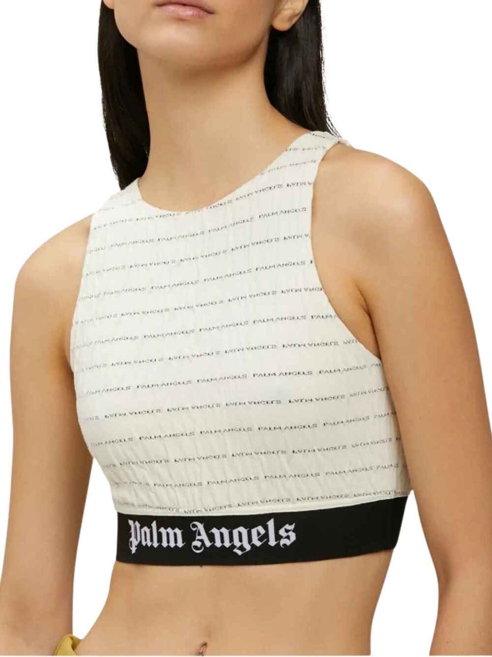 Palm Angels Cotton Blend Logo Print Crinkled Jersey Crop Top Cream Women's XS